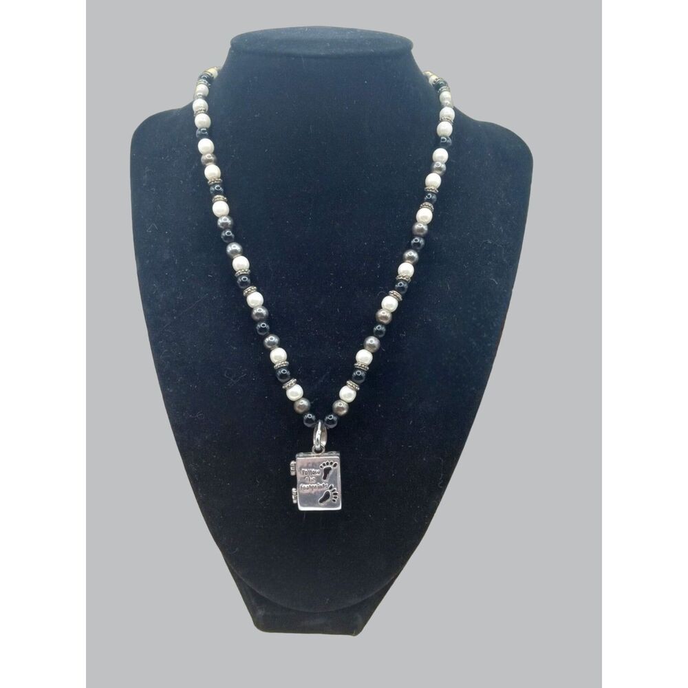 Follow the Footprints Locket Pendant Black White Glass Bead Necklace